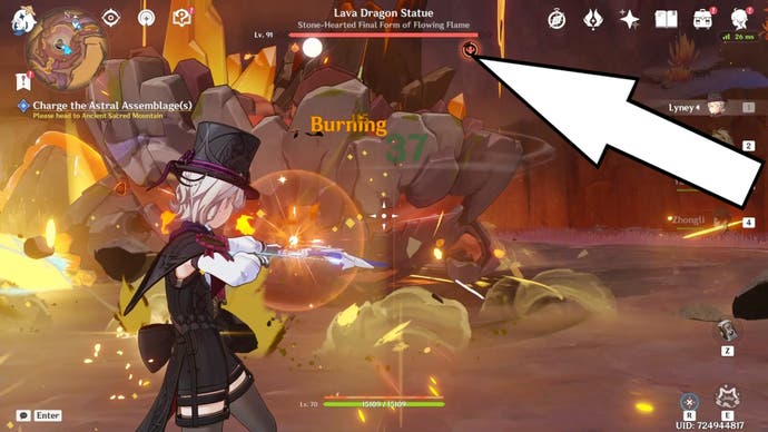 Lyney schießt Pfeile auf den Boss der Lava-Drachenstatue in Genshin Impact, wobei ein weißer Pfeil auf den Zorn-Anzeiger des Bosses zeigt.